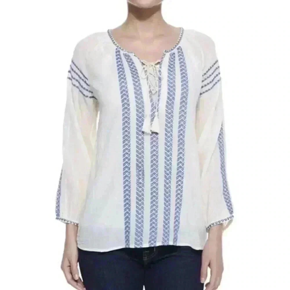Joie Womens V-Neck Peasant Blouse Top Calonice Embroidered Tassel XS NEW. 1108